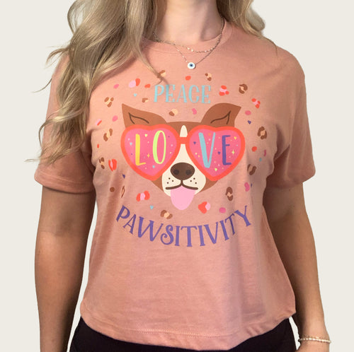 Peace, Love, Pawsitivity, Dog with Sunglasses - Light Pink Cropped T-Shirt