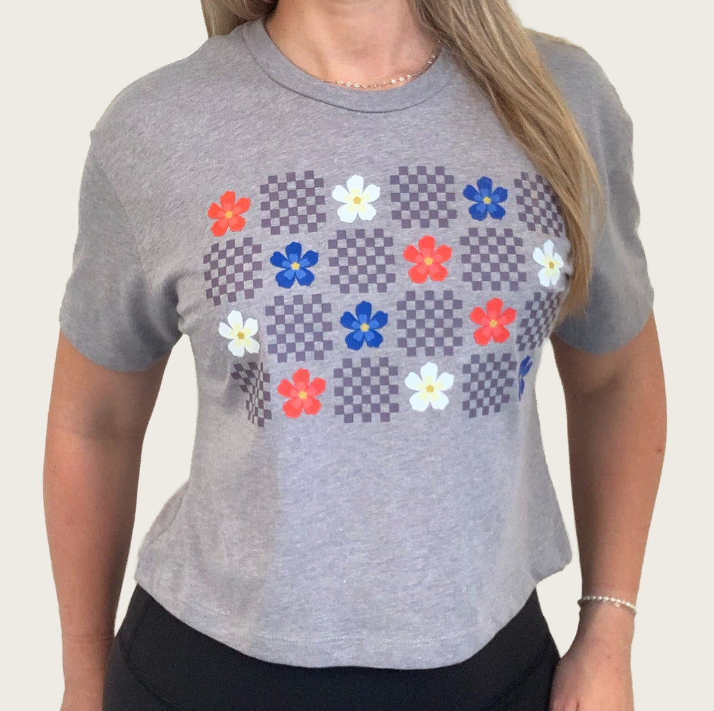 Red, White and Blue Flower Pattern Patriotic Cropped Tshirt