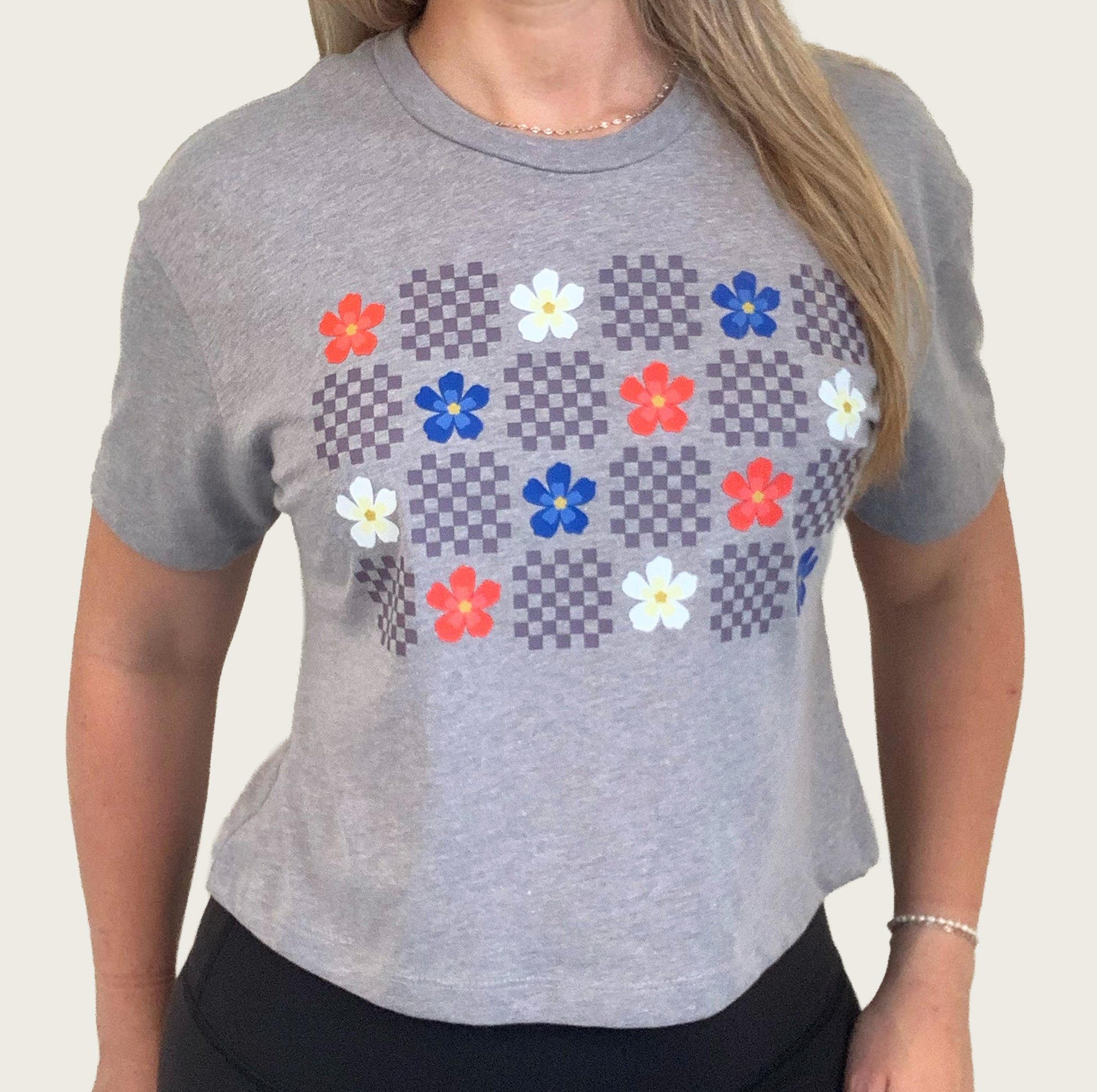 Red, White and Blue Flower Pattern Patriotic Cropped Tshirt