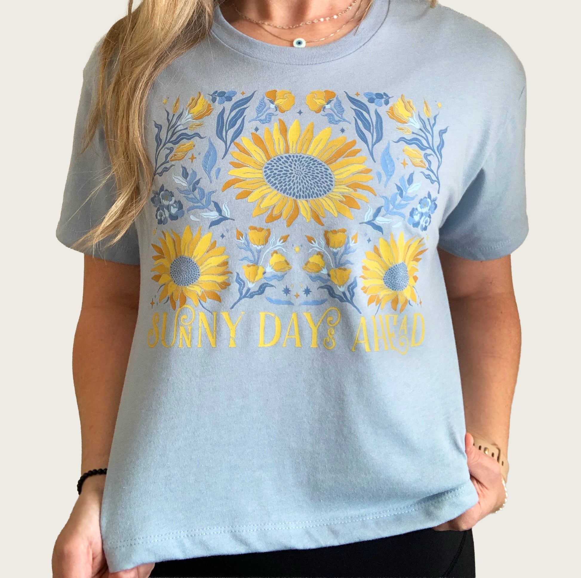 Sunny Days Ahead, Sunflower - Light Blue Cropped T-shirt